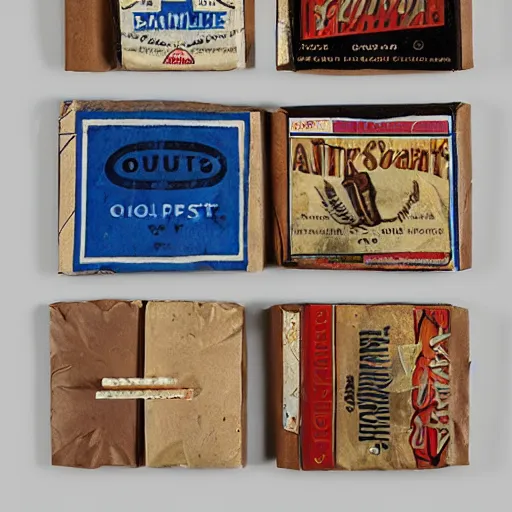 Prompt: of a collage of cigarette packs, cigar wrappers and matchbook covers by kurt schwitters