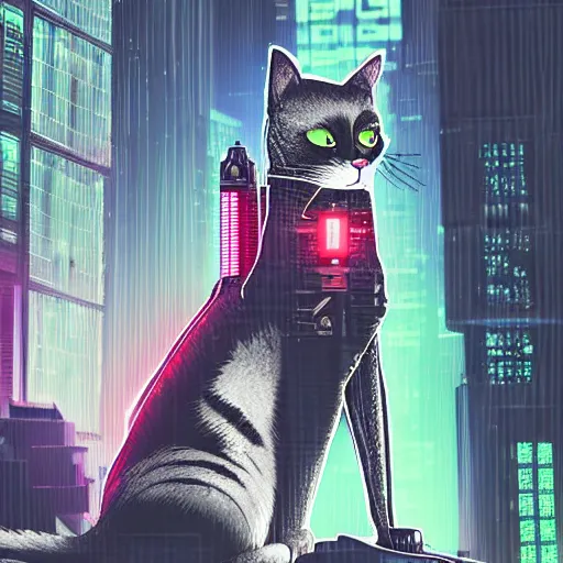 Image similar to a cat with cyberpunk parts in the city