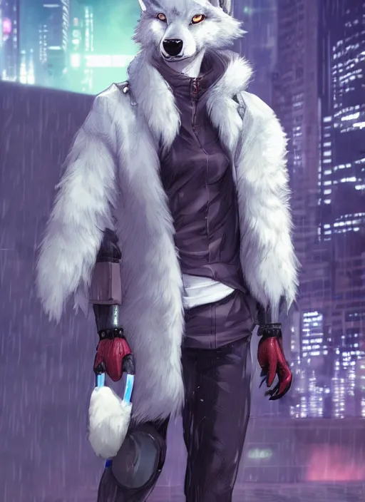 Image similar to character portrait of a male anthro wolf fursona with white fur, a tail and a cute beautiful attractive furry face wearing stylish cyberpunk clothes in a cyberpunk city at night while it rains. hidari, color page, tankoban, 4K, tone mapping, Akihiko Yoshida.