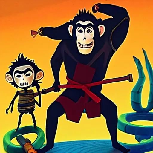 Image similar to Evil genius monkey, carpenter by trade, tool belt, hammer, in the style of Kubo And The Two Strings