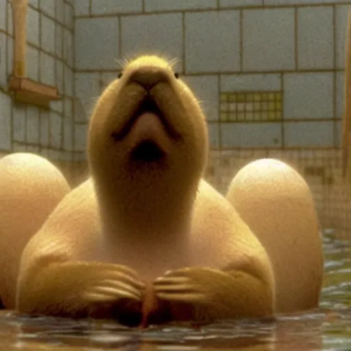 Prompt: the scene of a capybara sitting in a steaming bathtub in the animated movie spirited away by hayao miyazaki, studio ghibli, animated movie, anime, beautiful