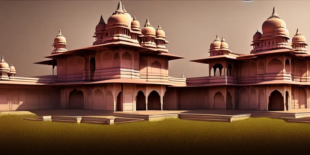 Image similar to a 3 d concept art of an indian palace by oliver beck, hyper realism, extremely detailed, atmospheric