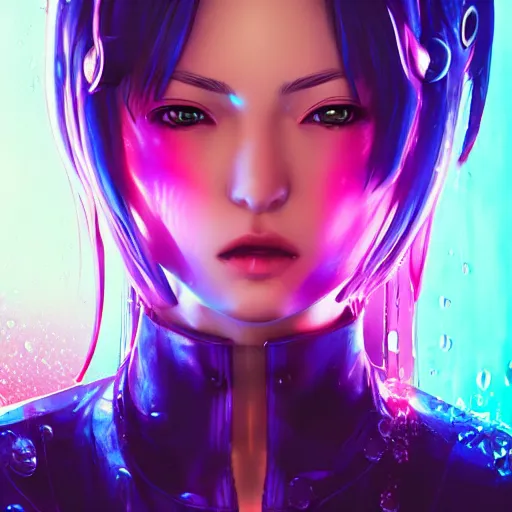 Image similar to anime woman portrait made out of rain, beautiful, stylish suit, cyberpunk background, neon, rendered in octane, unreal engine, matte painting, sharp focus, trending on artstation, futuristic, space