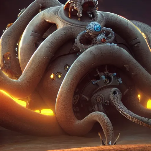 Prompt: a biomechanical space kraken eating a huge spaceship, hype realistic, volumetric lighting, cosmic horror, Art station, Octane render, Unreal Engine 3D