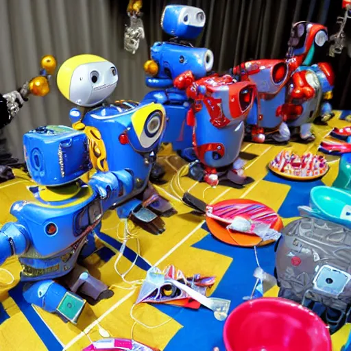 Image similar to robots having a cool party birthday party, highly detailed