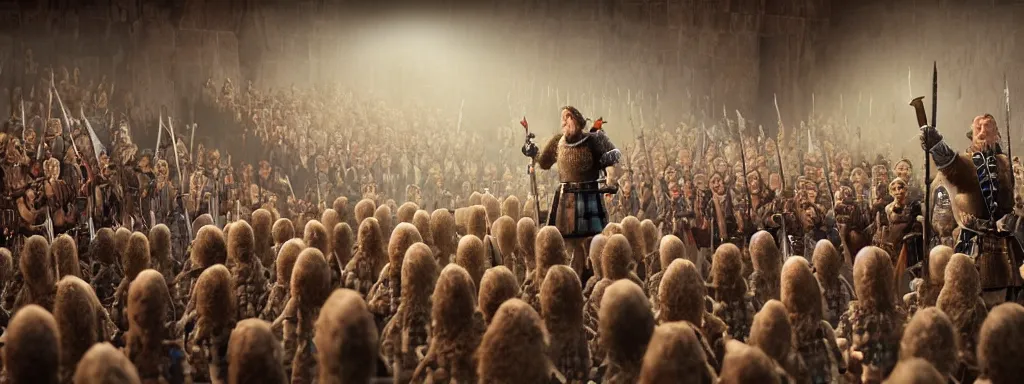 Prompt: William wallace giving speech in front of an army of Scottish highlanders, claymation, wallace and grommit, realistic volumetric lighting