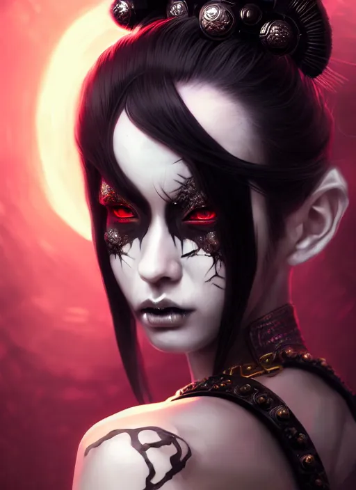 Image similar to soft lustrous ebony geisha seductive raver yakuza gothic cyborg, decay, underworld, dark fantasy, dark art, highly detailed, digital painting, octane render, artstation, concept art, smooth, sharp focus, illustration, art by artgerm, loish, wlop