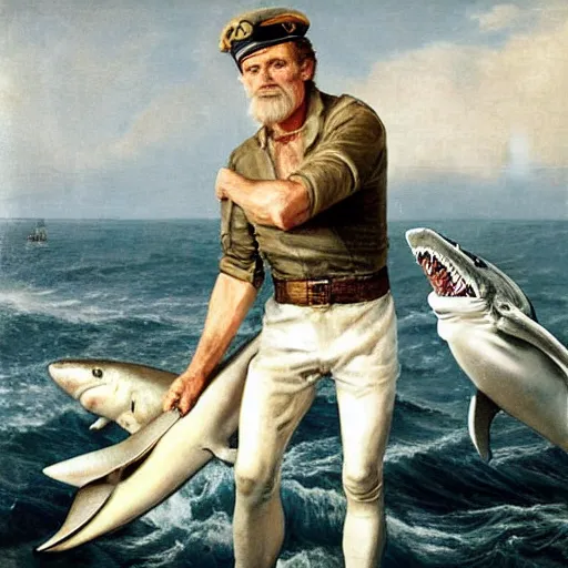 Image similar to Old sailor Willem Dafoe in captain's clothes holds a shark at arm's length, stands on the deck against the background of a raging sea, the background is blurred, focus in the foreground, realism, details,