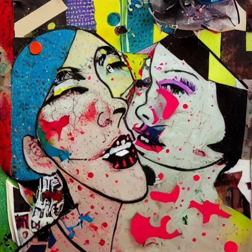 Image similar to two women kissing at a carnival in your worst nightmares, mixed media collage, retro, paper collage, magazine collage, acrylic paint splatters, bauhaus, abstract claymation, layered paper art, sapphic visual poetry expressing the utmost of desires by jackson pollock