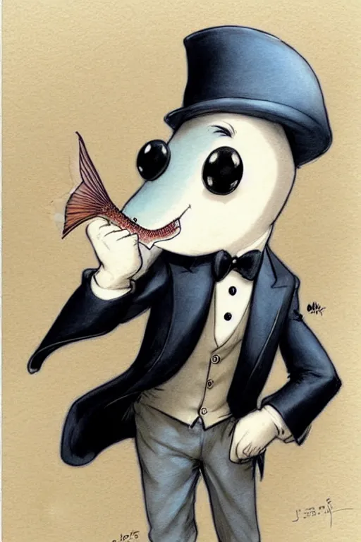 Image similar to cartoon fish in tuxedo. muted colors. by jean - baptiste monge!!!!!!!!!!!!!!!!!!!!!!!!!!!