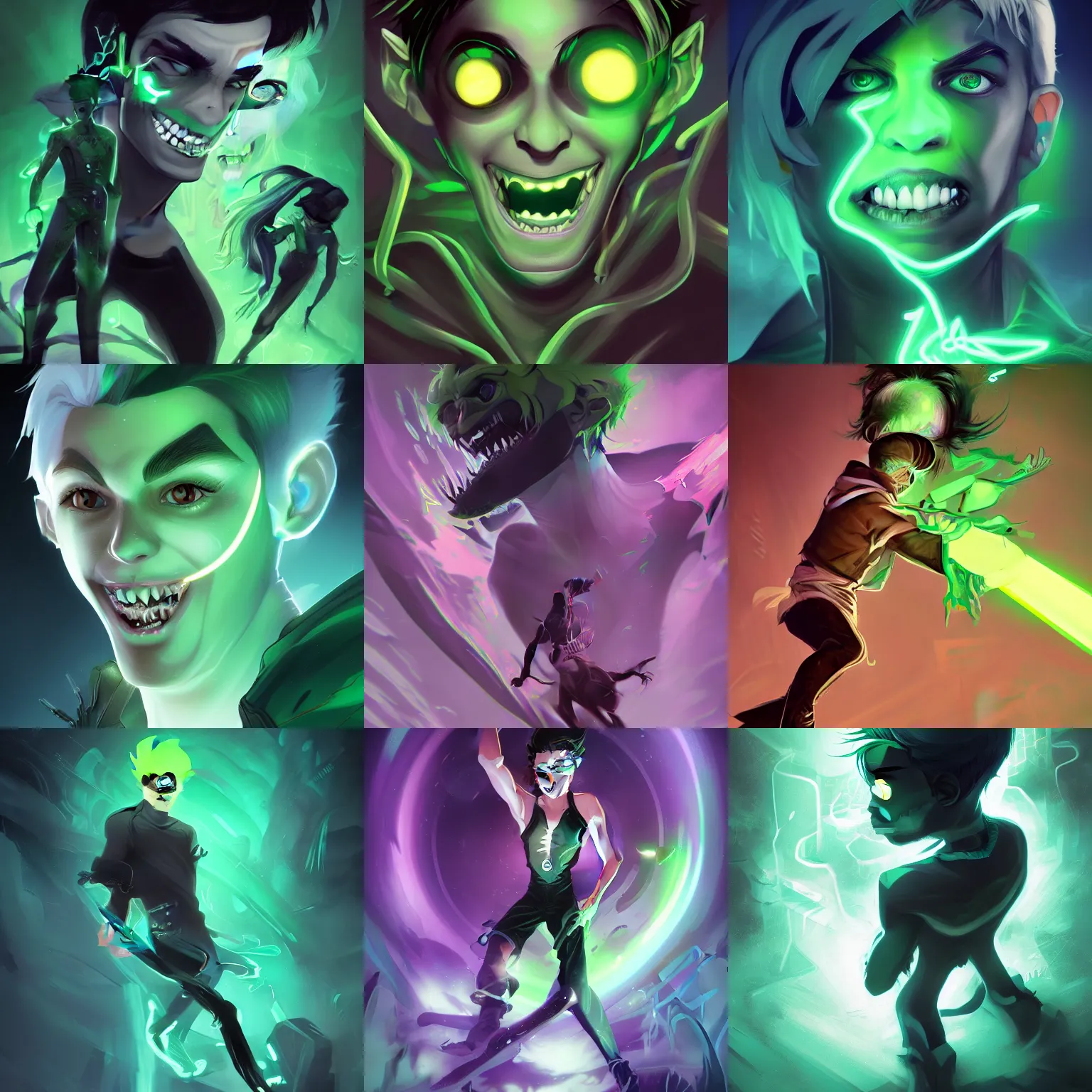 Image similar to A digital matte intricate illustration concept art of young Danny phantom with glowing green eyes and sharp teeth fangs alt art fashion inspired art by Charlie Bowater and WLOP and Mark Arian and Ross Tran + neon colors, symmetry , intricate complexity, epic composition, magical atmosphere, highly detailed, cinematic lighting + masterpiece, trending on artstation + 8k