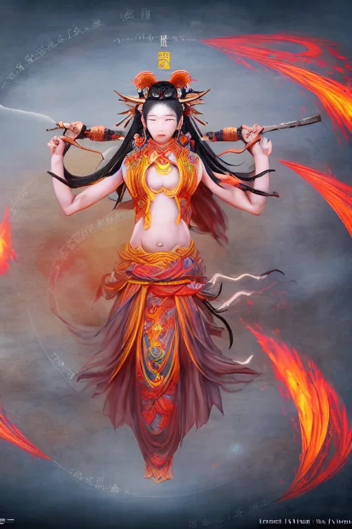 Image similar to nezha flies around swiftly on his wind flame circles in ruin chinese city, masterpiece, chinese mythology, top view, cinematic, fantasy character portrait, highly detailed, by new gods : nezha reborn, nezha : birth of the demon child, ne zha from smite, trending on artstation, concept art, flame everywhere,