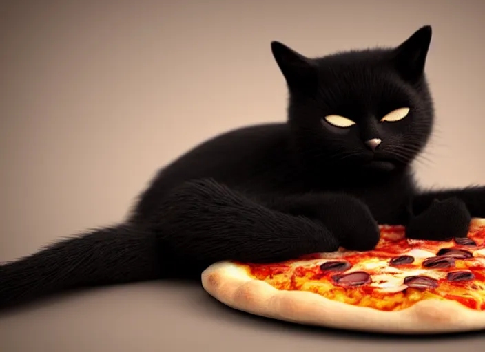 Image similar to A tiny black cat sleeping on a cozy pizza pillow. designed by Peter Andrew Jones and Pixar, photorealistic, 3d render, award winning render, unreal engine, octane render, studio lighting, 8k, hd, Dustin Nguyen, Akihiko Yoshida, Greg Tocchini, Greg Rutkowski, Cliff Chiang