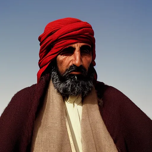 Image similar to portrait of president stavros halkias as afghan man, green eyes and red scarf looking intently, photograph by steve mccurry