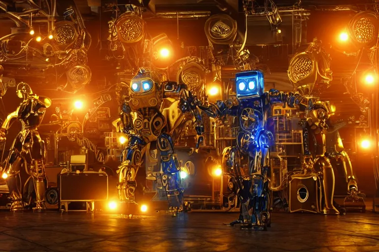 Image similar to scene from the voice of america, on stage are 4 golden and blue metal humanoid steampunk robots dancing wild, robots are wearing golden gears and tubes, eyes are glowing red lightbulbs, shiny crisp finish, 3 d render, 8 k, insaneley detailed, fluorescent colors, nightlight