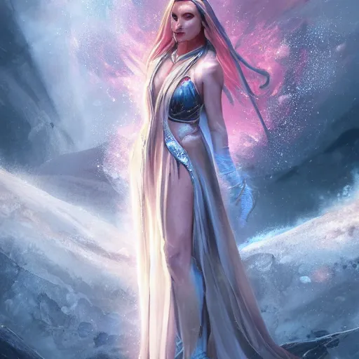 Prompt: fantasy character concept portrait, digital painting, wallpaper of an ice goddess, clothed in a gown made out of frost and magma, halo, by aleksi briclot, by laura zalenga, by alexander holllow fedosav, 8 k dop dof hdr, vibrant, instagram filters