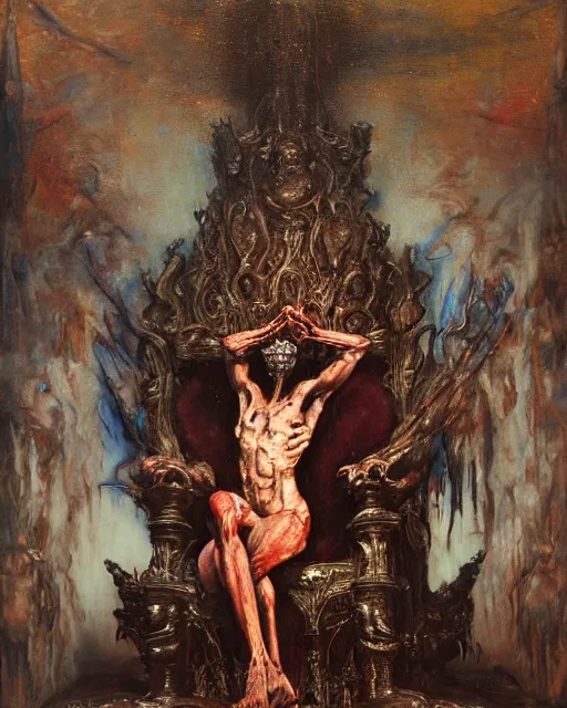 Prompt: Expressionism, oil painting overhead of a dark fleshy figure sitting on a throne, elegant, painted by Gustave Moreau, king seated in agony and a fleshy red figure inside an empty dark ballroom in the style of Francis Bacon, Ayami Kojima, Beksinski Masterpiece, James Jean and Peter Mohrbacher art, Greg Hildebrandt, and Mark Brooks, dimly lit interior room, Greg Rutkowski and Francis Bacon, perfect smile