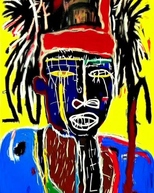 Image similar to stunning realistic portrait painting of a african warrior by jean - michel basquiat