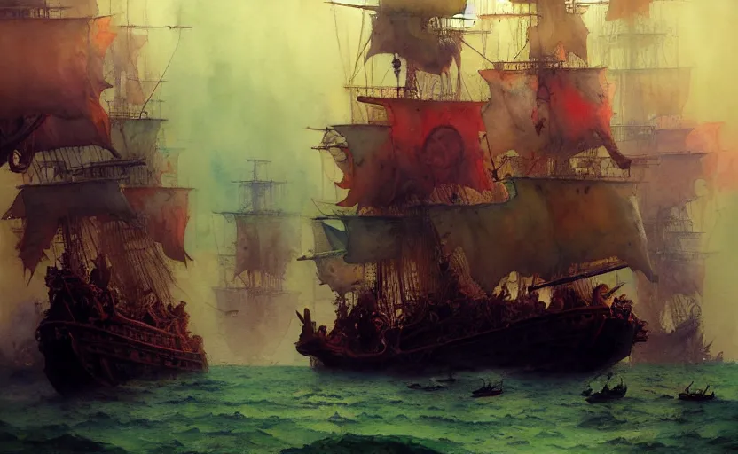 Image similar to pirate galleon fleet. intricate, amazing composition, colorful watercolor, by ruan jia, by maxfield parrish, by marc simonetti, by hikari shimoda, by robert hubert, by zhang kechun, illustration, gloomy, volumetric lighting, fantasy