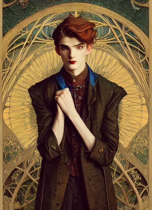 Prompt: edmund dulac, leyendecker, highly detailed portrait, a beautiful androgynous lee jong suk, long hair, tall and thin, wearing several pendants, art nouveau, stephen bliss, unreal engine, by greg rutkowski, loish, ferdinand knab, ilya kuvshinov, rossdraws, tom bagshaw, alphonse mucha, global illumination, radiant light