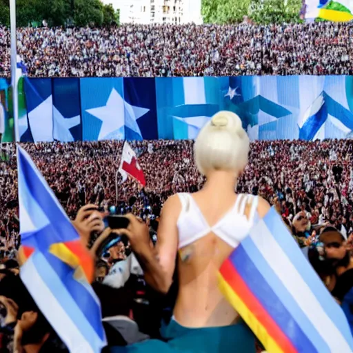 Image similar to Lady Gaga as president, Argentina presidential rally, Argentine flags behind, bokeh, giving a speech, detailed face, Argentina