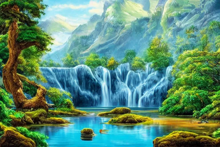 Image similar to a beautiful scene of a serene lake surrounded by trees, waterfalls flowing in between the trees, birds flying above, detailed realistic art