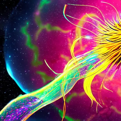 Prompt: a jellyfish with a bright biosphere in its head floating in space, long neon tentacles, meteor shower background unreal engine render, hyper realistic, ultra detailed