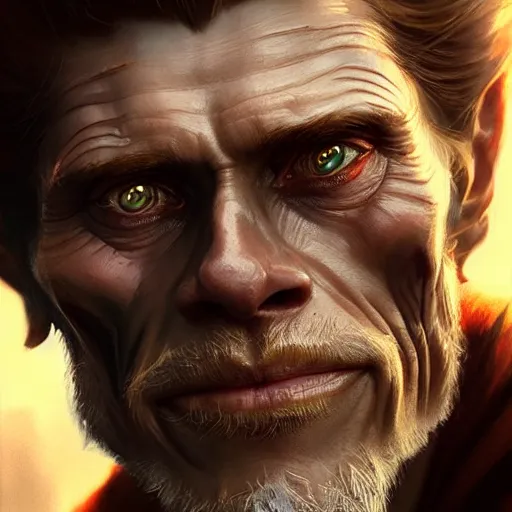 Image similar to Willem Dafoe, closeup, D&D, fantasy, intricate, elegant, highly detailed, digital painting, artstation, concept art, matte, sharp focus, illustration, hearthstone, art by Artgerm and Greg Rutkowski and Alphonse Mucha