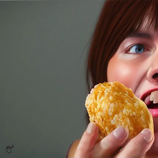 Image similar to A woman eating chicke, close up, realistic, ultra high detail, 8k.