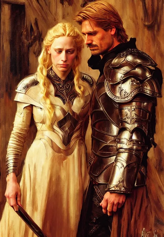 Image similar to attractive handsome fully clothed jaime lannister confesses his love for attractive fully armored brienne of tarth. highly detailed painting by gaston bussiere and j. c. leyendecker 8 k