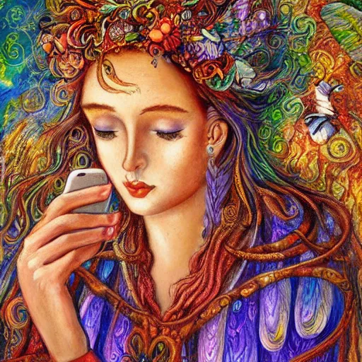 Image similar to a nature goddess checking her cell phone by josephine wall, acrylic on canvas, intricately detailed