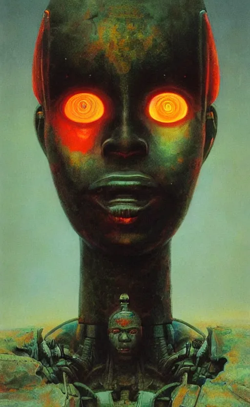 Image similar to portrait of mecha african tribal chief, symmetrical, dramatic lighting, colourful, glowing eyes, art by zdzislaw beksinski,