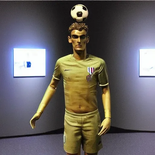 Image similar to “ a realistic detailed photo of a guy who is an attractive humanoid who is half robot and half humanoid, who is a male android, soccer player antoine griezmann, shiny skin, posing like a statue, blank stare, at the museum, on display ”