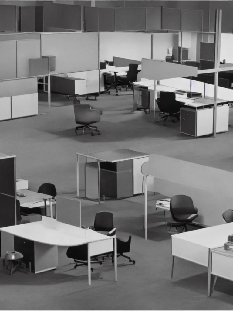 Image similar to a still of severance series indoor 7 0 s furniture office scenario appearing in a film of jacques tati