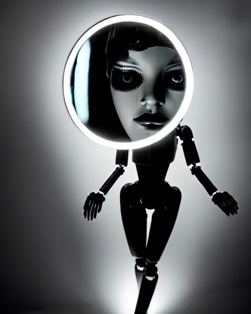 Image similar to black and white high quality photo of a female AI-cyborg-doll looking into a sci-fi mirror, volumetric lighting, hyperdetailed, masterpiece, elegant, dark, in the style of Man Ray,