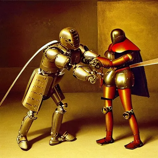 Image similar to da vinci's robot knight fighting a human knight on a battlefield