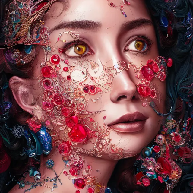 Prompt: studio portrait of absurdly beautiful, elegant, young colorful woman made of rubies and red gems, ultrafine hyperrealistic detailed face illustration by kim jung gi, irakli nadar, intricate linework, sharp focus, bright colors, matte, octopath traveler, final fantasy, unreal engine highly rendered, global illumination, radiant light, intricate environment