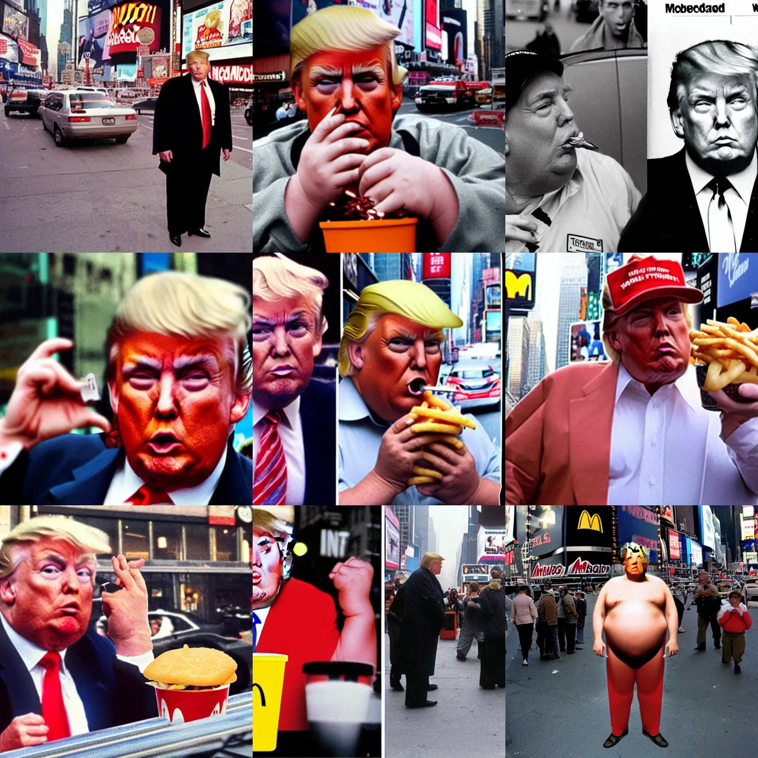 Prompt: tabloid Photograph of obese donald trump in times square smoking eating mcdonalds