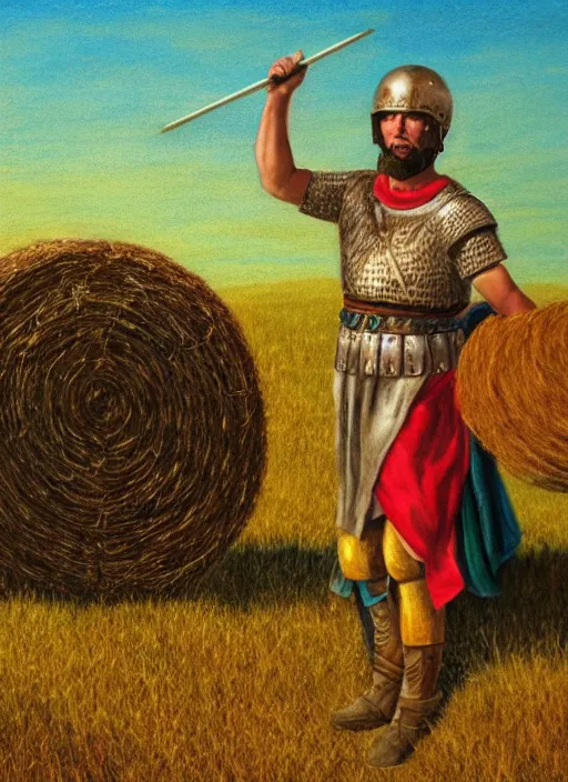 Prompt: roman soldier, in a field, colored pencil, colorful, soft lighting, contre - jour, grass, hay - bale, in a symbolic and meaningful style