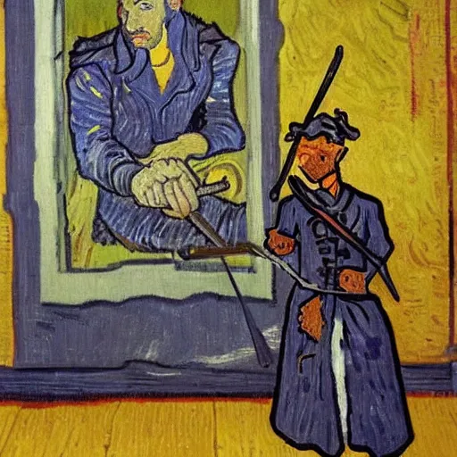 Image similar to fry with a sword, painting, artwork by van gogh