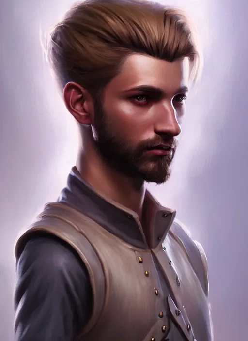 Image similar to a _ fantasy _ style _ portrait _ painting _ of wizard male, medium dark blonde pulled back side part and blonde stubble, rpg dnd oil _ painting _ unreal _ 5 _ daz. _ rpg _ portrait _ extremely _ detailed _ artgerm _ greg _ rutkowski _ greg