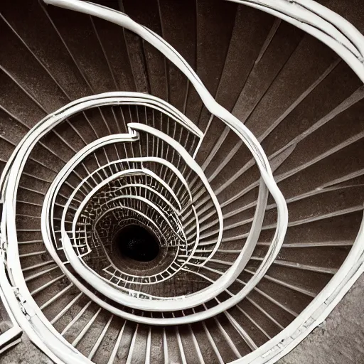 Prompt: looking down an infinite symmetrical spiral staircase of cement and metal, hyper realistic, cgsociety, vray rendering, by golden ratio