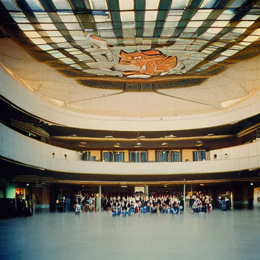 Prompt: Visitors inside the Palast der Republik, German Democratic Republik 1987, color photography, Sigma 85 mm