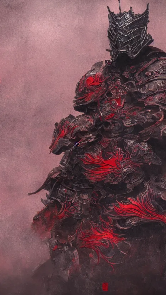 Image similar to a general in Dark steel armour from Ming dynasty, China meet a scarlet red Phoenix on a high bronze platform draw by Art station artist Anato Finnstark, flourishing oil painting texture, rainy and foggy atmosphere , Bottom view