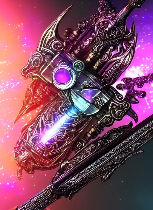 Image similar to legendary glowing sword of cybernetic technology on a table, digital award winning artwork, intimate, intricate, long sharp black and iridescent blade, ornate gothic baroque spikes coming out, colorful hilt, vivid detailed realistic, ray tracing, colored gems, golden pommel, artstation, deviantart