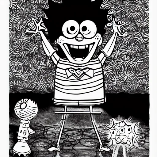 Image similar to SpongeBob, junji ito manga,black and white, Digital art