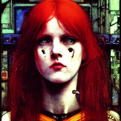 Prompt: redhead female cyberpunk, wires cables skulls, machines, neuropunk trashcore, in the style of john william waterhouse, kilian eng, rosetti, john everett millais, william holman hunt, 4 k photo autochrome