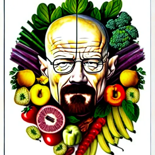 Image similar to walter white in the style of giuseppe arcimboldo, only fruits and veggies