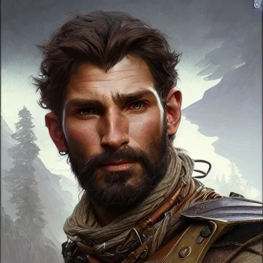 Image similar to portrait of a rugged ranger, handsome, muscular, 30 years old, D&D, fantasy, intricate, elegant, highly detailed, digital painting, artstation, concept art, matte, sharp focus, illustration, art by Artgerm and Greg Rutkowski and Alphonse Mucha