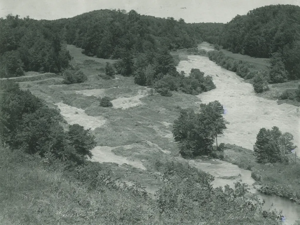 Image similar to photograph of a field by a dam and a river, new england